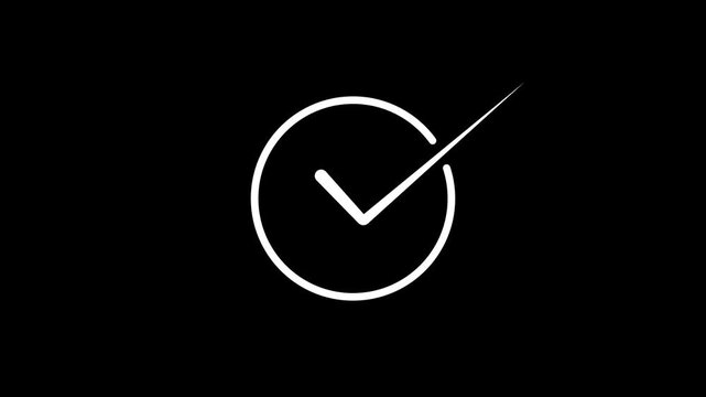 White Thin Line Check Mark Animation Inside Circle on Black Background For Dark Mode UI, Premium Approval, Correct Choice, Success, Done and Task Verified