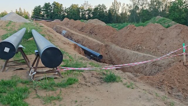 Excavator working on a pipeline construction site cutting through a dense green forest landscape