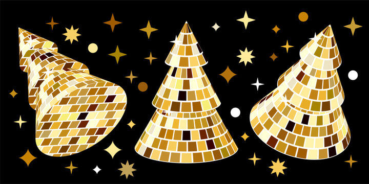 Vector 3d Christmas trees with mirrored disco ball texture. Holiday festive fir design elements with gold glitter tiles