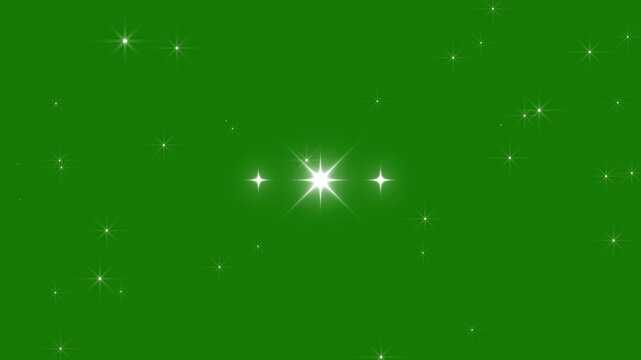 Sparkling star twinkle green background animation with sparkling particle lights floating, white cartoon blinking stars, flat vector doodle sparkle, glowing light trails, Night starry sky, 4K loop