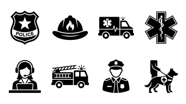 Emergency Services Icons, Police, Fire, Ambulance, Rescue Symbols, Vector Graphics