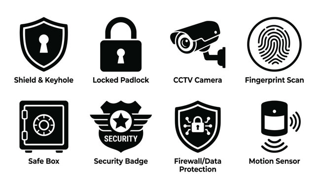 Security icons, safety symbols, protection signs, shield and lock graphics, 8 icons