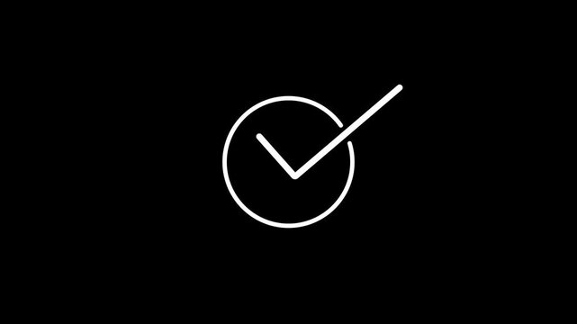 White Thin Line Check Mark Animation Inside Circle on Black Background For Dark Mode UI, Premium Approval, Correct Choice, Success, Done and Task Verified