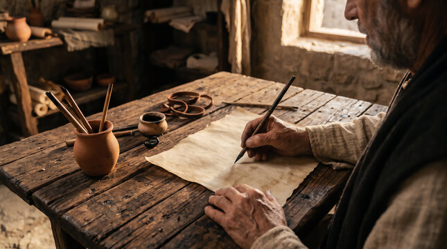 Elderly scribe writing on ancient parchment with a quill pen in a rustic historical workshop