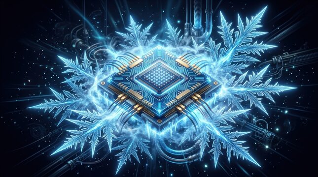 Microchip processor integrated with glowing snowflakes. Computer hardware cooling technology. Futuristic digital electronics concept for high performance data processing and energy efficiency.