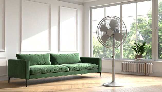 Bright living room with green sofa, pedestal fan, and sunlight through tall windows evoking comfort, coolness, and minimalist interior design.