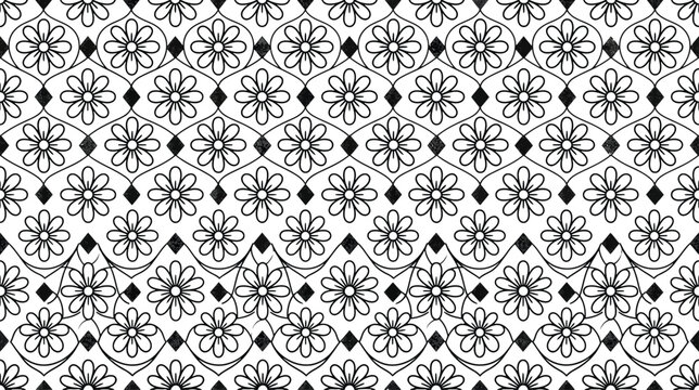 Seamless floral pattern with geometric grid and small diamonds in black and white vector line art