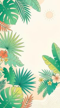 Seamless tropical botanical border illustration in a vertical triptych with monstera, palm and hibiscus leaves, sun and plumeria accents.