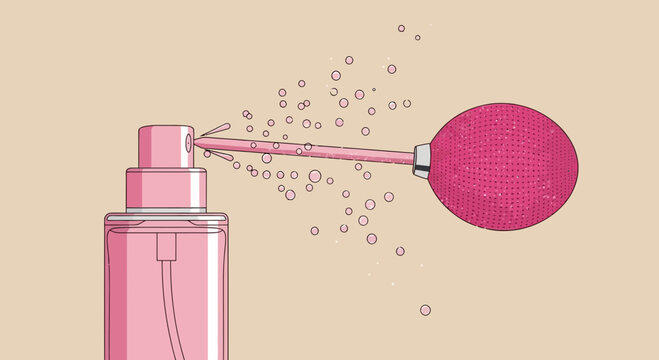 Pink Perfume Bottle Spraying Mist and Bubbles on Beige Background