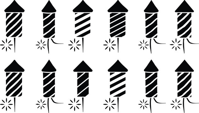 Black silhouette firework rocket vector icon set with striped pyrotechnic crackers for festive holiday evening celebrations