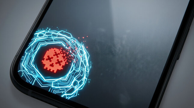 Abstract digital illustration of a computer virus on a smartphone screen representing cybersecurity and insurance risks