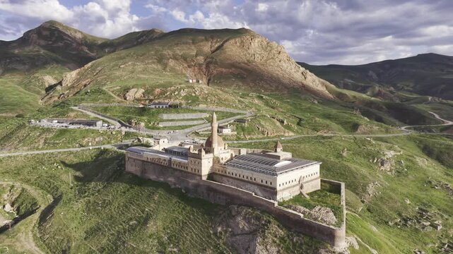 Cinematic Drone Footage of Ishak Pasha Palace in Dogubayazit, Historic Ottoman Palace in Eastern Turkey