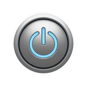 A shiny gray power button icon with a glowing blue light symbol for modern electronic devices and apps isolated on transparent background