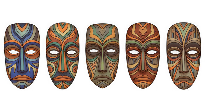 Set of five tribal masks with colorful patterns isolated on transparent background