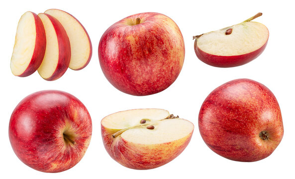 Collection of red apples, apple slices isolated on white background. File contains clipping paths.