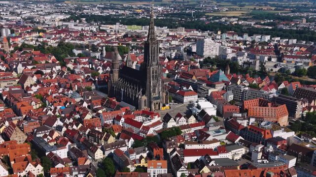  A panoramic aerial view beside the old town and m&uuml;nster in the city Ulm in Germany on a sunny summer afternoon. 