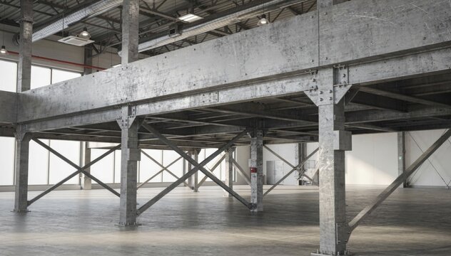 Medium shot of steel mezzanine platform constructed from solid plate modular sections highlighting durability and loadbearing capacity in a commercial building environment.