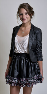 Cute young woman with arbitrary hairdo, standing in front of a clean pure background