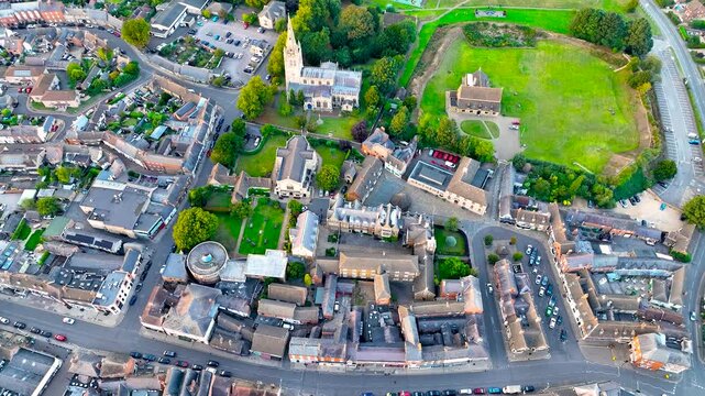 Aerial view of All saint church in Oakham, a market town and civil parish in Rutland in the East Midlands of England, UK