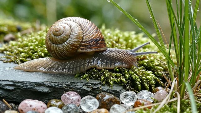 Macro shot of a land snail with a brown spiral shell crawling across green moss and dark slate stone next to colorful pebbles and wet grass blades in a damp natural environment.