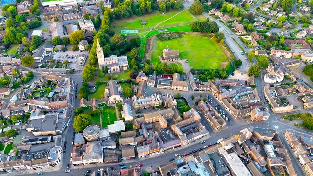 Aerial view of All saint church in Oakham, a market town and civil parish in Rutland in the East Midlands of England, UK