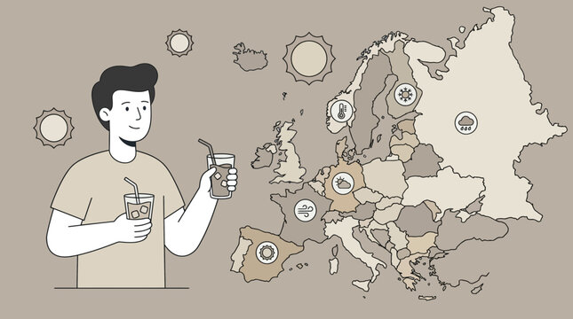 Man staying hydrated with iced drinks near Europe map.