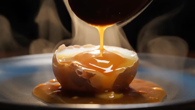 Close-up of steaming soft-boiled egg in cracked shell on dark plate; wooden spoon pouring orange yolk or marinade into the center, moody lighting and dark background.