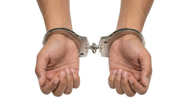 Closeup of hands in metal handcuffs isolated on transparent background
