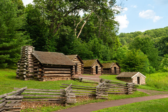 Reconstructed Commander-in-Chief's Guard Huts at Valley Forge National Historical Park in Pennsylvania, representing the quarters of George Washington's Guard during the Continental Army's 1777&ndash;1778