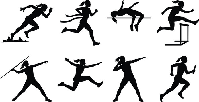 Female Track and Field Athletics Silhouette Icon Set Featuring Sprint Hurdles Relay Javelin High Jump and Shot Put