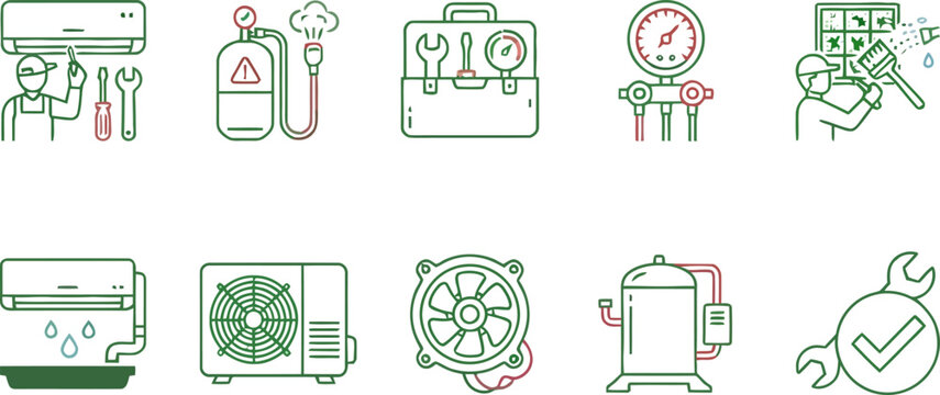 HVAC repair icons with tools and equipment during maintenance in a clean vector illustration