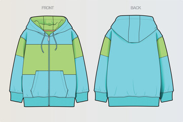 A collection of clean, modern vector apparel technical flats featuring hoodies, sweatshirts, rugby polos, and color-blocked casual wear. Ideal for fashion design, apparel mockups, tech packs © Jerry