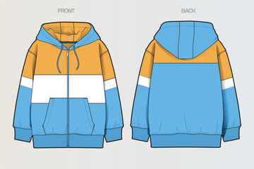 A collection of clean, modern vector apparel technical flats featuring hoodies, sweatshirts, rugby polos, and color-blocked casual wear. Ideal for fashion design, apparel mockups, tech packs © Jerry