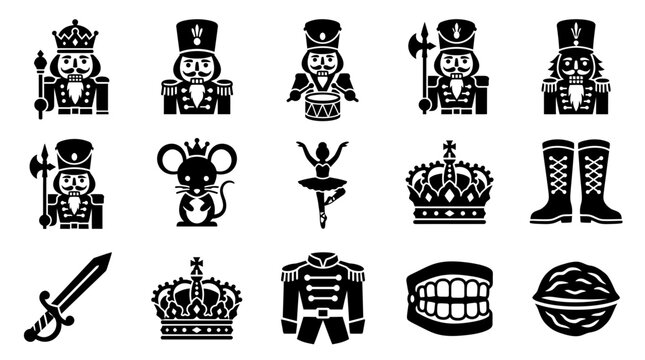 Nutcracker Soldier Icons Set: King, Drummer, Mouse King, Ballerina, Crown, Sword, Walnut