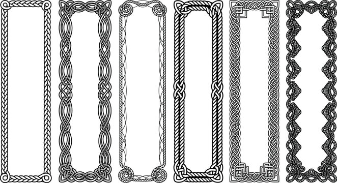 Set of six vertical rectangular frames with intricate celtic knotwork and rope patterns transparent background
