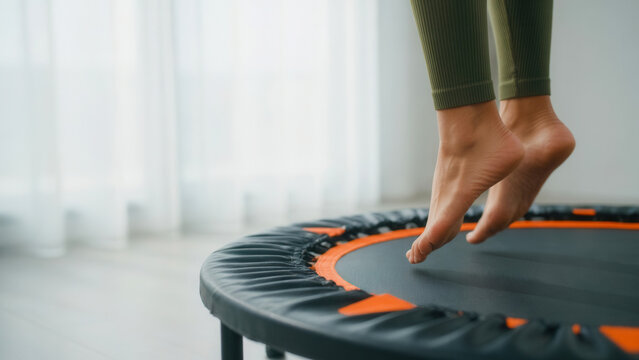 Woman's bare feet jumping on rebounder for fitness at home