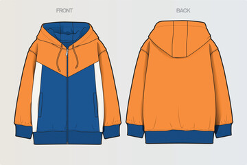 A collection of clean, modern vector apparel technical flats featuring hoodies, sweatshirts, rugby polos, and color-blocked casual wear. Ideal for fashion design, apparel mockups, tech packs © Jerry