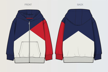 A collection of clean, modern vector apparel technical flats featuring hoodies, sweatshirts, rugby polos, and color-blocked casual wear. Ideal for fashion design, apparel mockups, tech packs © Jerry