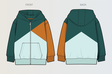 A collection of clean, modern vector apparel technical flats featuring hoodies, sweatshirts, rugby polos, and color-blocked casual wear. Ideal for fashion design, apparel mockups, tech packs © Jerry