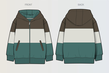 A collection of clean, modern vector apparel technical flats featuring hoodies, sweatshirts, rugby polos, and color-blocked casual wear. Ideal for fashion design, apparel mockups, tech packs © Jerry