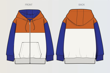 A collection of clean, modern vector apparel technical flats featuring hoodies, sweatshirts, rugby polos, and color-blocked casual wear. Ideal for fashion design, apparel mockups, tech packs © Jerry