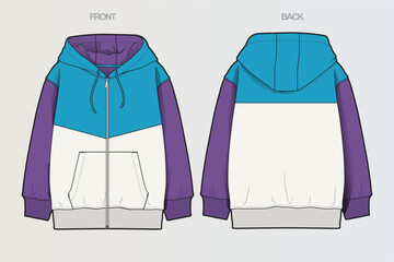 A collection of clean, modern vector apparel technical flats featuring hoodies, sweatshirts, rugby polos, and color-blocked casual wear. Ideal for fashion design, apparel mockups, tech packs © Jerry