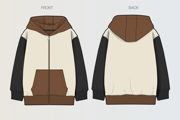 A collection of clean, modern vector apparel technical flats featuring hoodies, sweatshirts, rugby polos, and color-blocked casual wear. Ideal for fashion design, apparel mockups, tech packs © Jerry