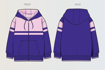 A collection of clean, modern vector apparel technical flats featuring hoodies, sweatshirts, rugby polos, and color-blocked casual wear. Ideal for fashion design, apparel mockups, tech packs © Jerry