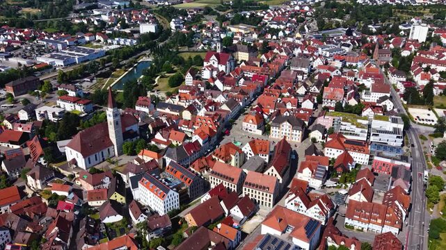 Aerial view around the old town  of the city Ehingen an der Donau in  south Germany on a sunny spring day