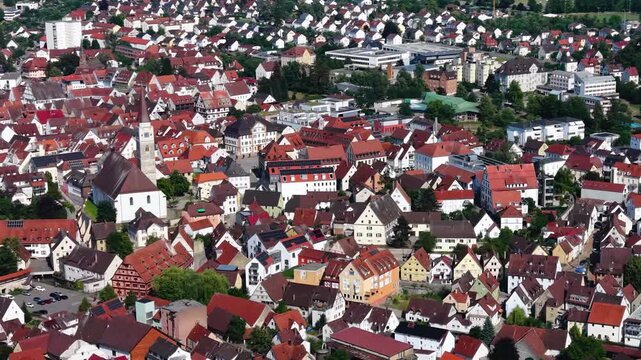 Aerial view around the old town  of the city Ehingen an der Donau in  south Germany on a sunny spring day