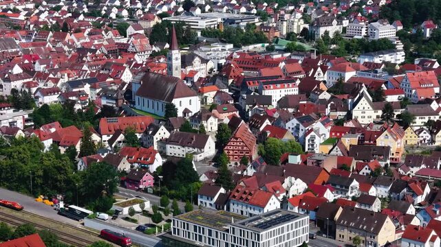 Aerial view around the old town  of the city Ehingen an der Donau in  south Germany on a sunny spring day