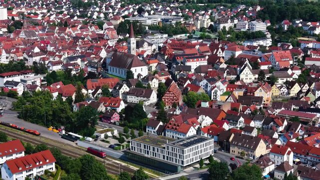 Aerial view around the old town  of the city Ehingen an der Donau in  south Germany on a sunny spring day