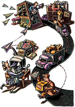 process illustration of ordering something online, with email order, factory, and delivery