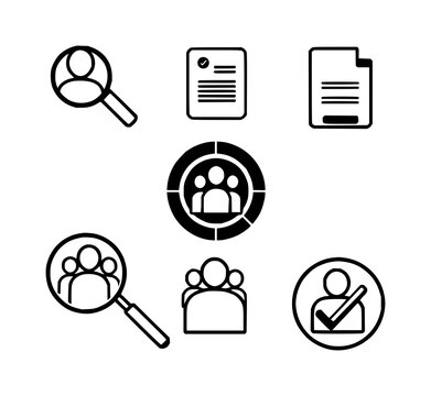 Job search icons set with six minimal black and white vector icons arranged in a 3x2 grid featuring magnifying glass, person, target, checkmark with CV document and group icons